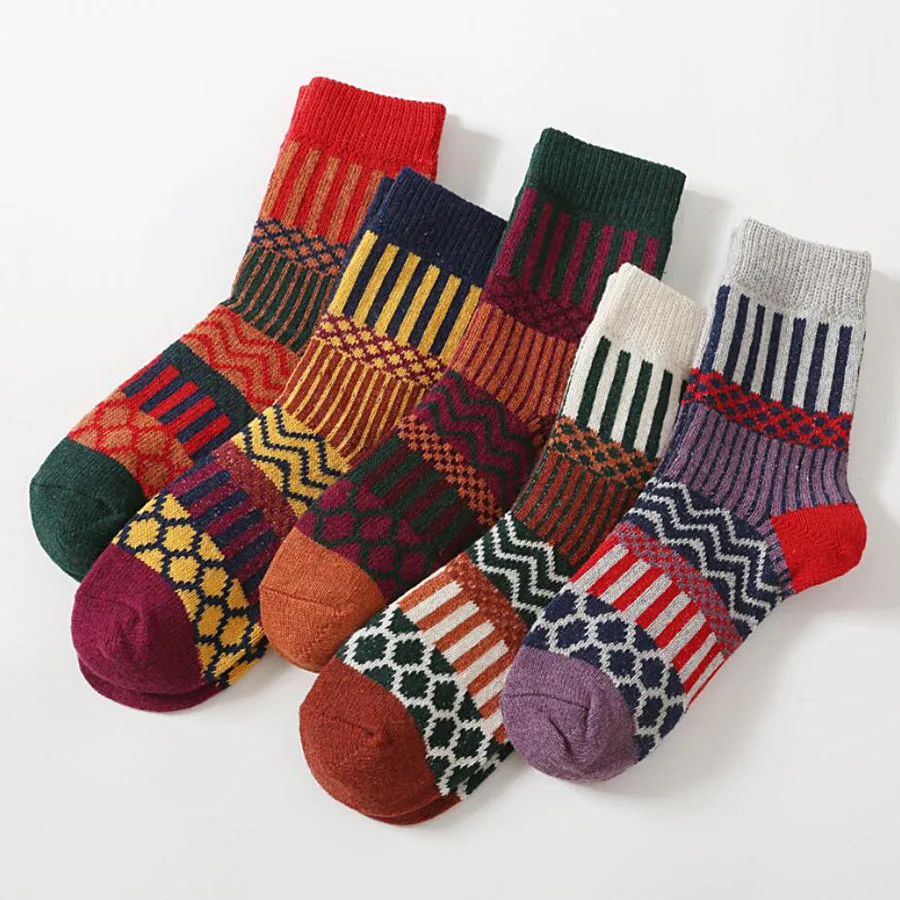 5 Pairs Winter Warm Women's Thicken Socks Thermal Wool Cashmere Snow Socks Girl Colorful National Cotton Socks Casual Harajuku
