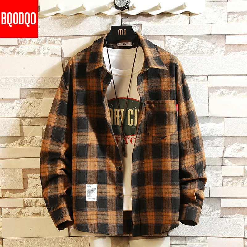 Рубашка мужская хлопковая в клетку Повседневная Уличная одежда стиле преппи