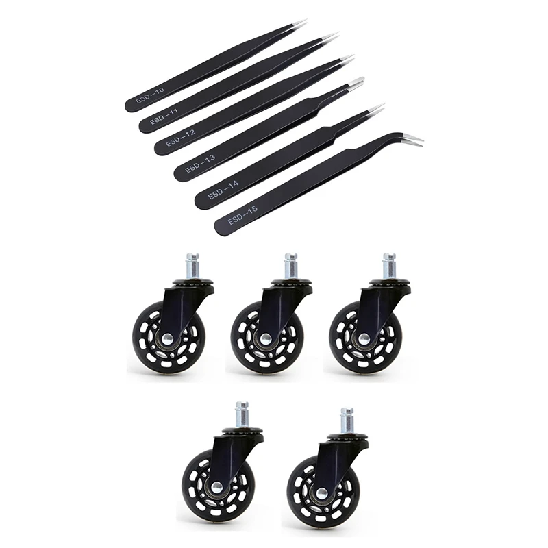 

6 Pcs Anti-Static Stainless Steel Curved Of Tweezers & 5 Pcs Office Chair Caster Wheels Roller Rollerblade Style Castor