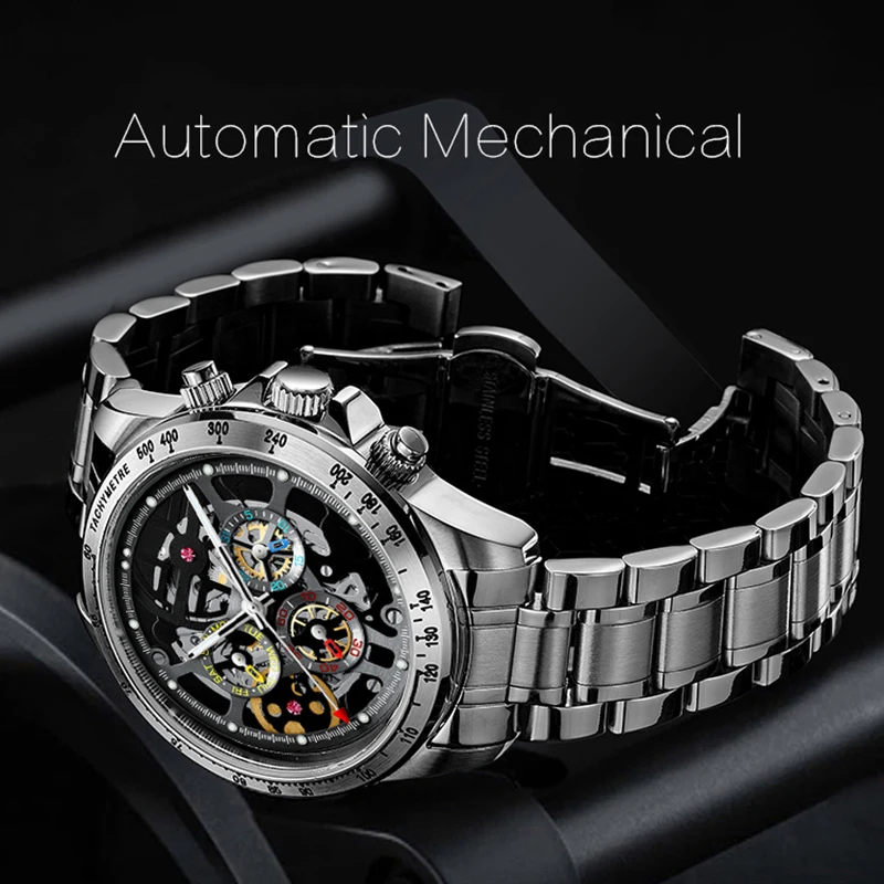 Luxury Brand Skeleton Mechanical Men Watches HAIQIN DESIGN Stainless Steel Automatic Watches For Men pagani design Reloj hombres
