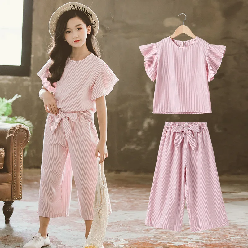 

KISBINI Girls Summer Clothes Set Stripe Clothing O-Neck T-Shirt+Long Pants Cotton Pink Kids Children Girls Clothes Set 2PCS