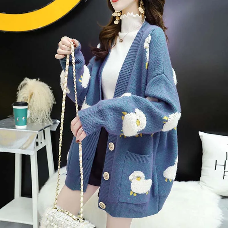 

Kawaii Autumn Winter Female Cardigan Loose Knit Tops Cute Cartoon Print Sweater Coat V Neck Long Sleeve Knitting Women Jacket