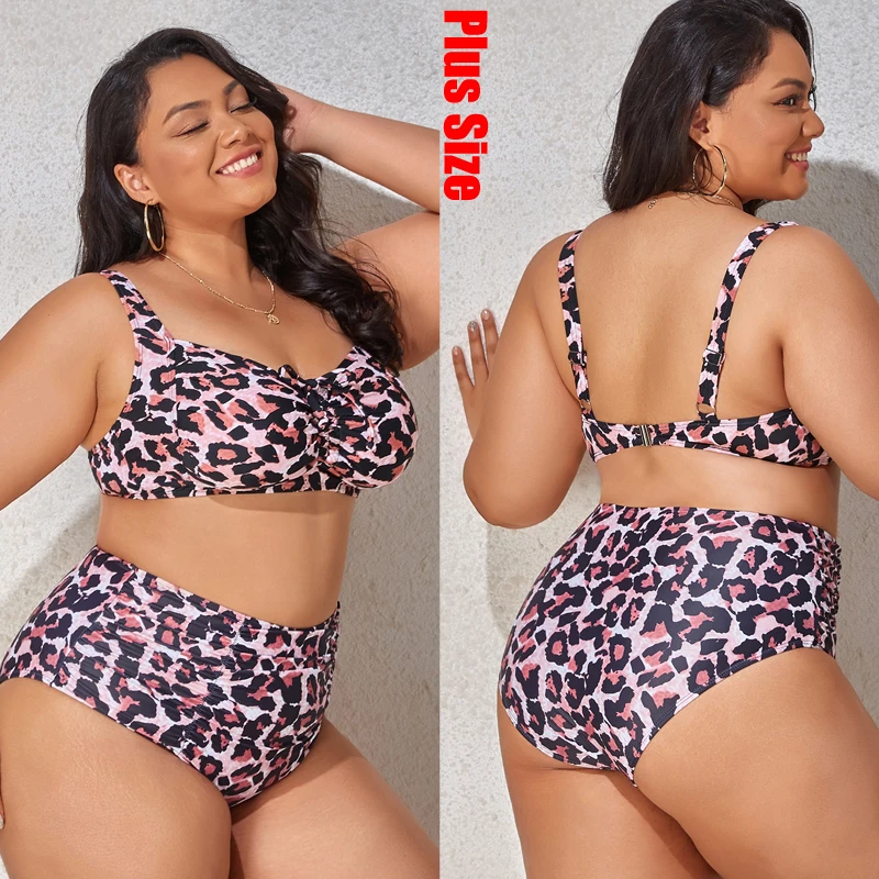

2022 New Large Size Leopard Print Swimwear Women Plus Size Summer Sports Bikini Beach Sexy Split Sling Swim