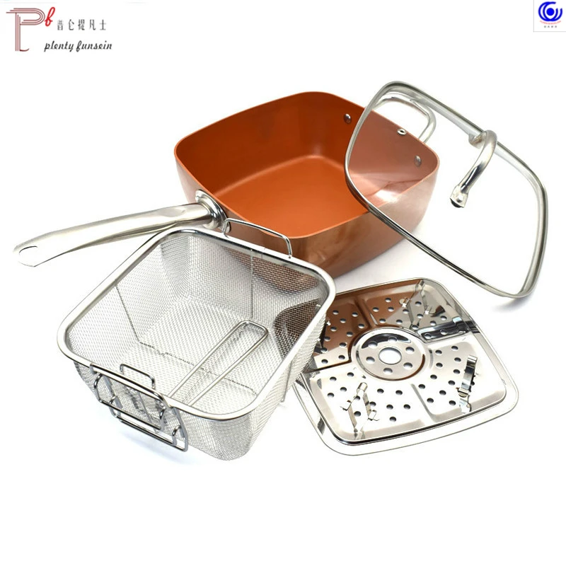 4Pcs Nonstick Copper plating Square Pan Induction Chef W/Glass Lid Fry Basket Steam Rack 9.5 Inches Kitchen Cookware Set