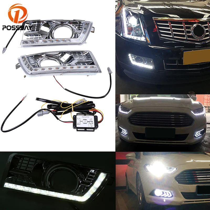 POSSBAY 1 Pair Car LED Daytime Running Light DRL Fog Lamp Turning Signal Fit for Cadillac SRX II 2010-2016 Headlight Bulbs