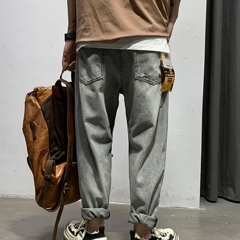 Spring Summer Men Thin Knee Length Jeans Fashion Street Ripped Hole Denim Pants Europe Vintage Grey Trousers With Waistband