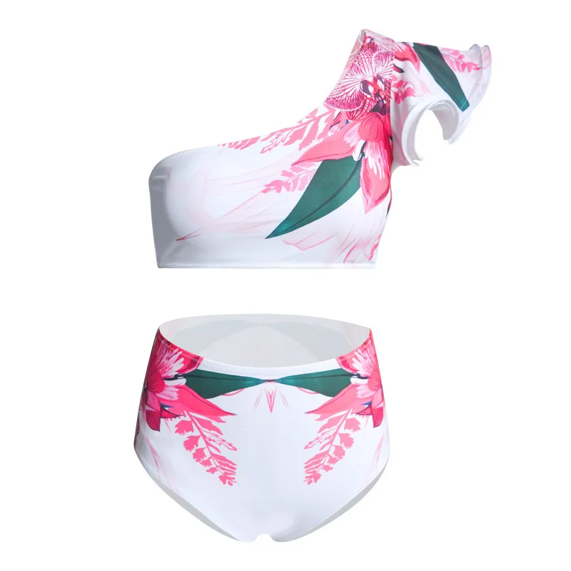 

Sexy Floral Print One Shoulder Bikini Set Ruffled Bikinis Women Push Up Bandeau Swimwear High Waist Bathing Suit Female Swimsuit