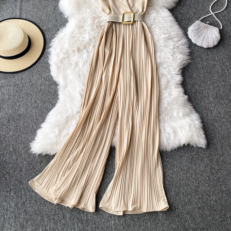 

Vintage Notched Collar Draped Rompers For Women Casual Sleeveless High Waist Wide Leg Playsuits Female Beige/Green Jumpsuit 2020