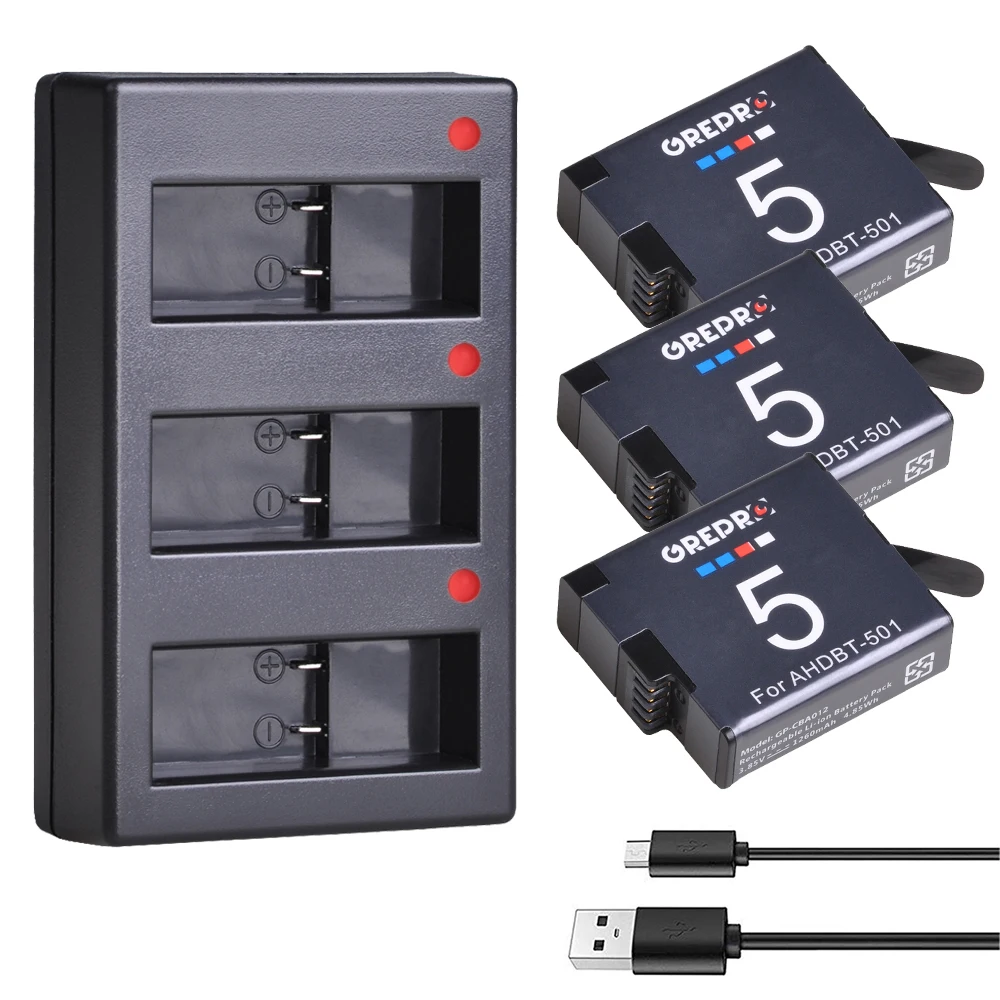 3Pcs AHDBT-501 AHDBT501 for Gopro Hero 5 + 3-Port USB Charger for GoPro Hero 6, hero 5, Hero 7, AHDBT 501 Battery