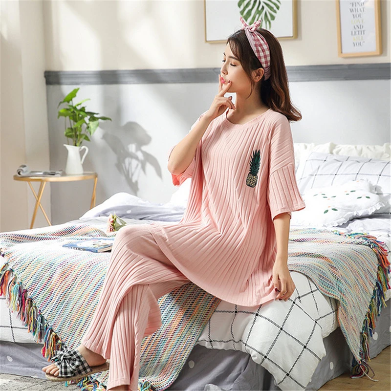 Пижамные брюки в полоску с коротким рукавом Пижама женская хлопковая