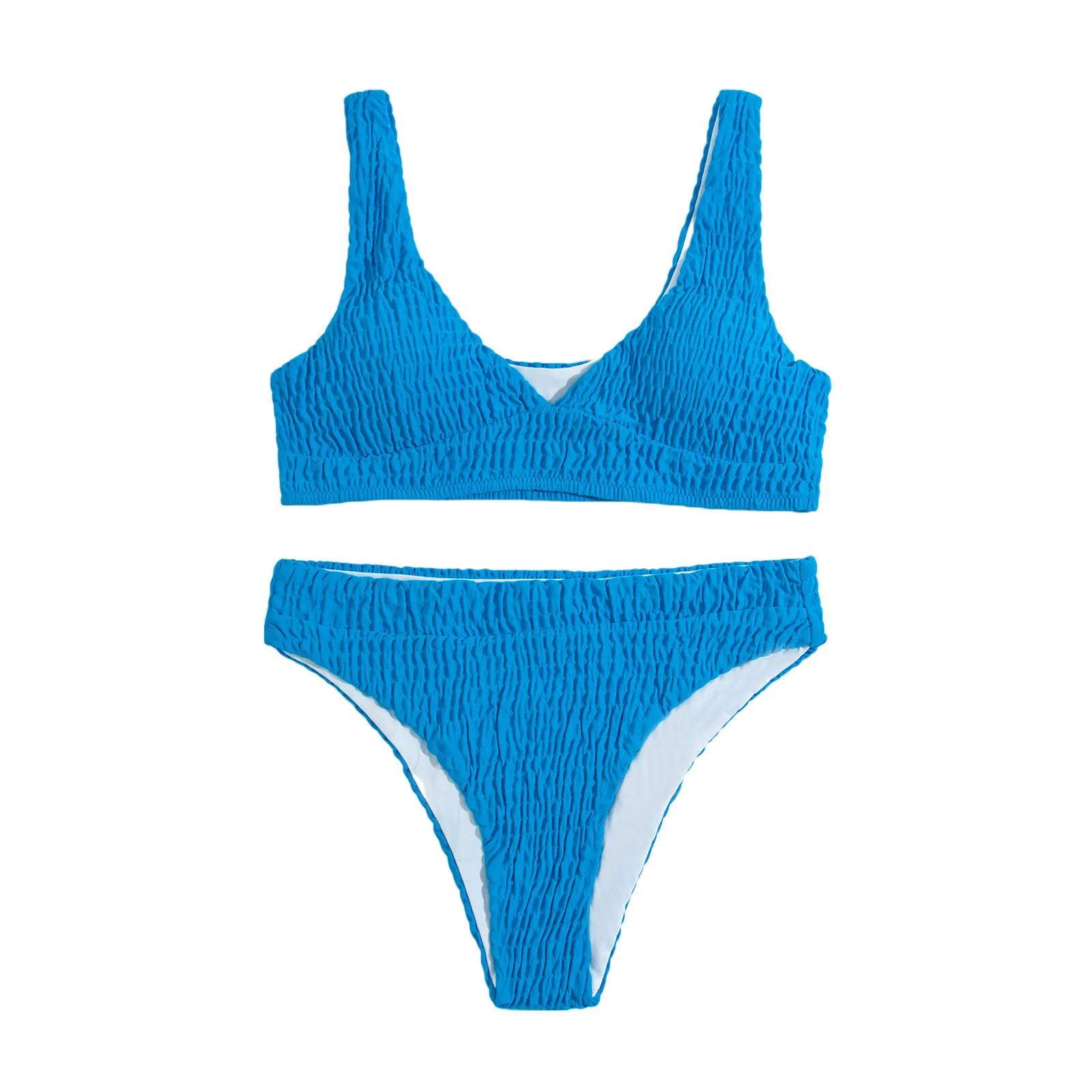 

Women's 2Pcs Bathing Suit, Deep V Neck Sleeveless Solid Color Shirred Bikini Tops + Shorts Set Swimsuit