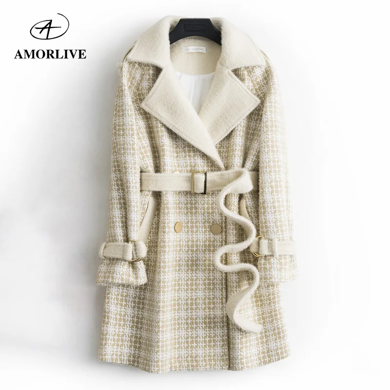 

AMOR LIVE Ladies Fashion Lapel Wool Long Coat Women Autumn Winter Elegant Plaid Belts Thick Overcoat Female Warm Jackets New