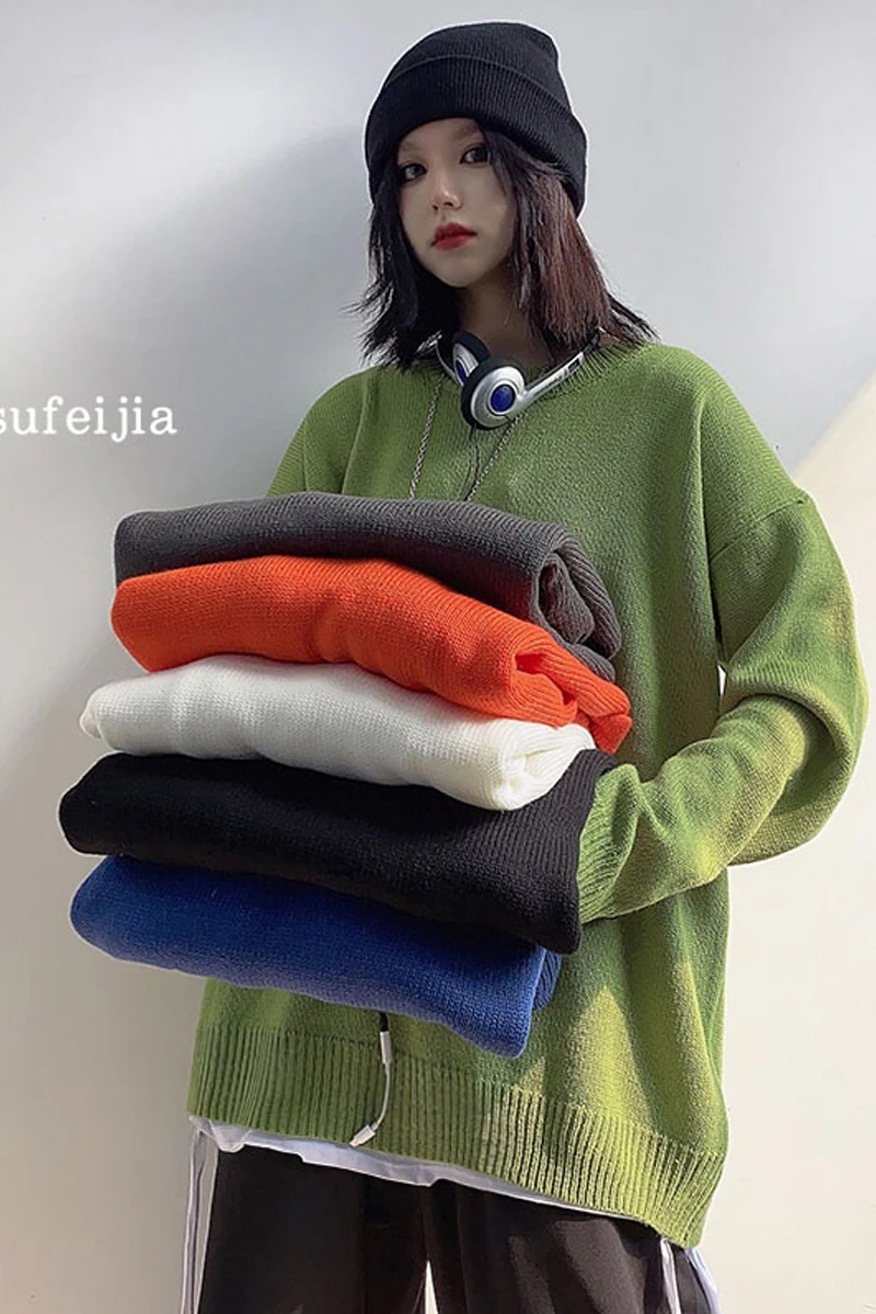 

Sweater women's loose wear new autumn and winter style solid color Joker couple long sleeve sweater jacket