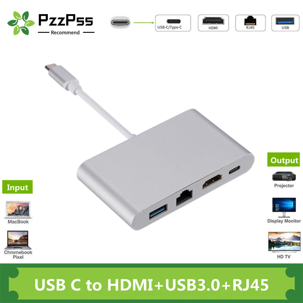 

PzzPss USB Type-C USB3.1 to HDMI 4K+RJ45 Gigabit Ethernet+USB 3.0 Type C Hub Adapter USB-C Splitter for Macbook Air Pro Samsung