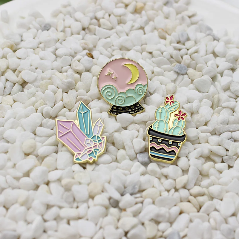 Cactus Succulent plants Enamel Brooch stars moon auspicious clouds Glass ball Lapel Pin Pink blue crystal badge Gifts | Украшения и