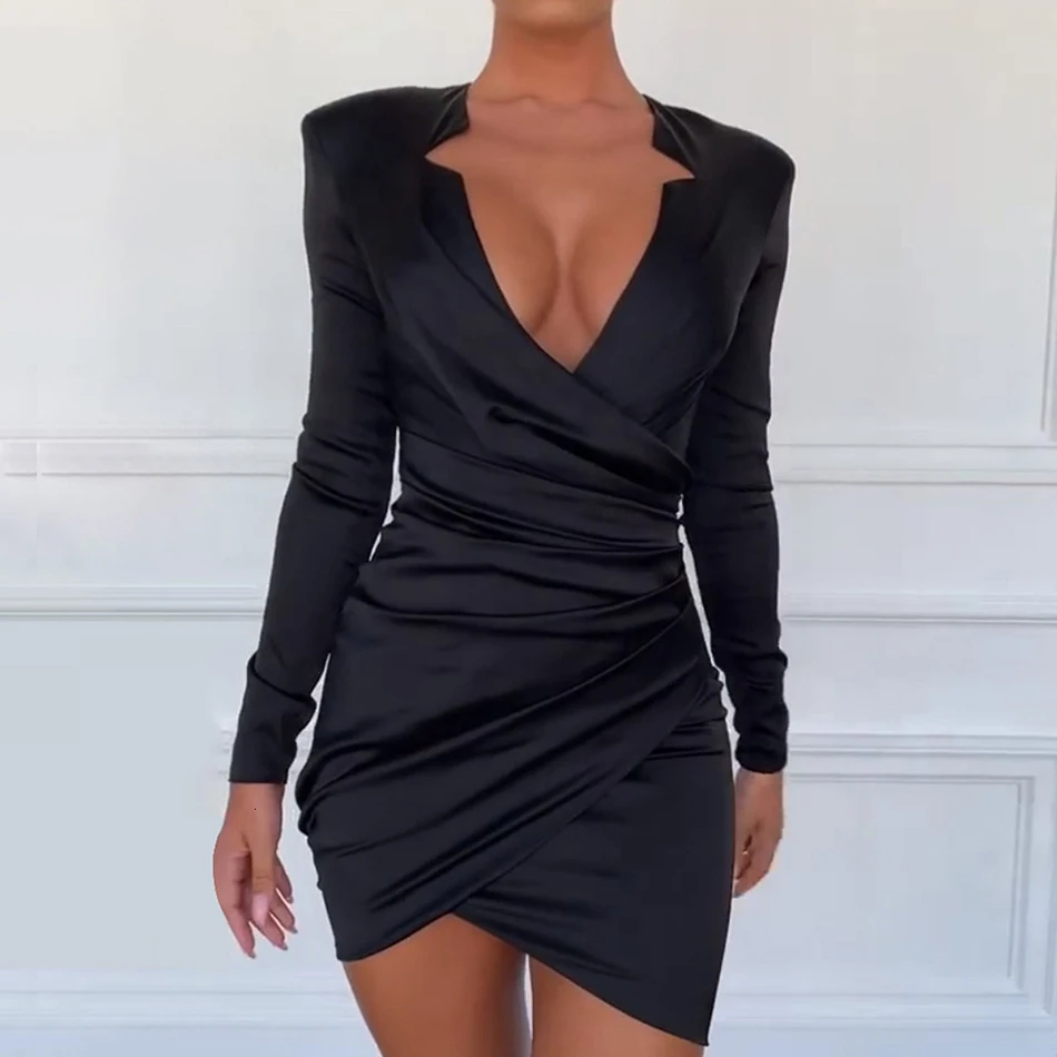 

Ailigou New Summer Celebrity Party Dress Feminine V-neck Long Sleeve Fold Irregular Runway Bodycon Dress Vestidos
