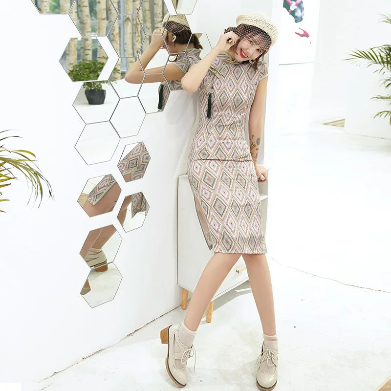 

Diamond Green Vintage Short-Sleeved Qipao Short Daily Young Female Fashion Improved Short Temperament Slim Daily Cheongsam