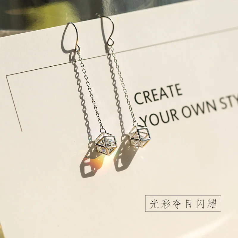 Женские серьги-подвески в виде кубика циркония серебристый цвет ААА S925