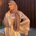 Женский Арабский мусульманский атласный пуховый однотонный накидка спереди самозавязывающийся халат Абая платье макси с длинным рукавом хиджаб Кафтан Дубай, Турция