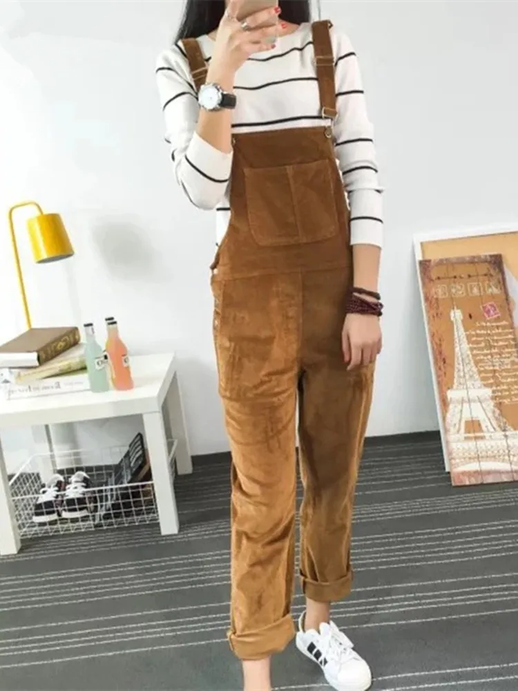 

2021 Autumn New Slim-type Corduroy Overalls Female New Mori girl pocket Solid color Pants Cute Casual Jumpsuits