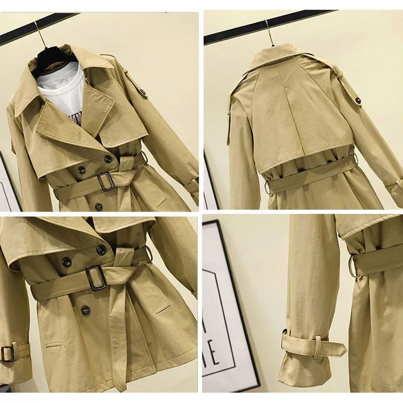 

Women's Trench Coat 2020 New Spring Autumn Bouble-breasted Short Windbreaker British Style Belt Loose All-match Outwear PDG1955