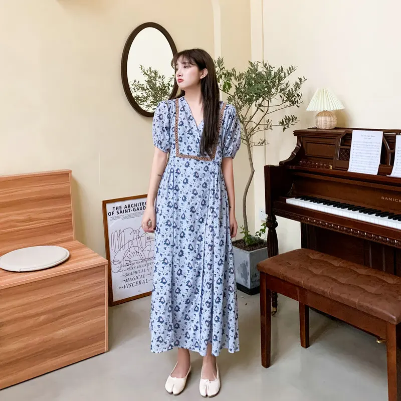 

Women Summer Light Blue Floral Dresses Short Bishop Sleeve V-Neck Elastic Waist Ankle Length One Piece Holiday Casual Robe 2021