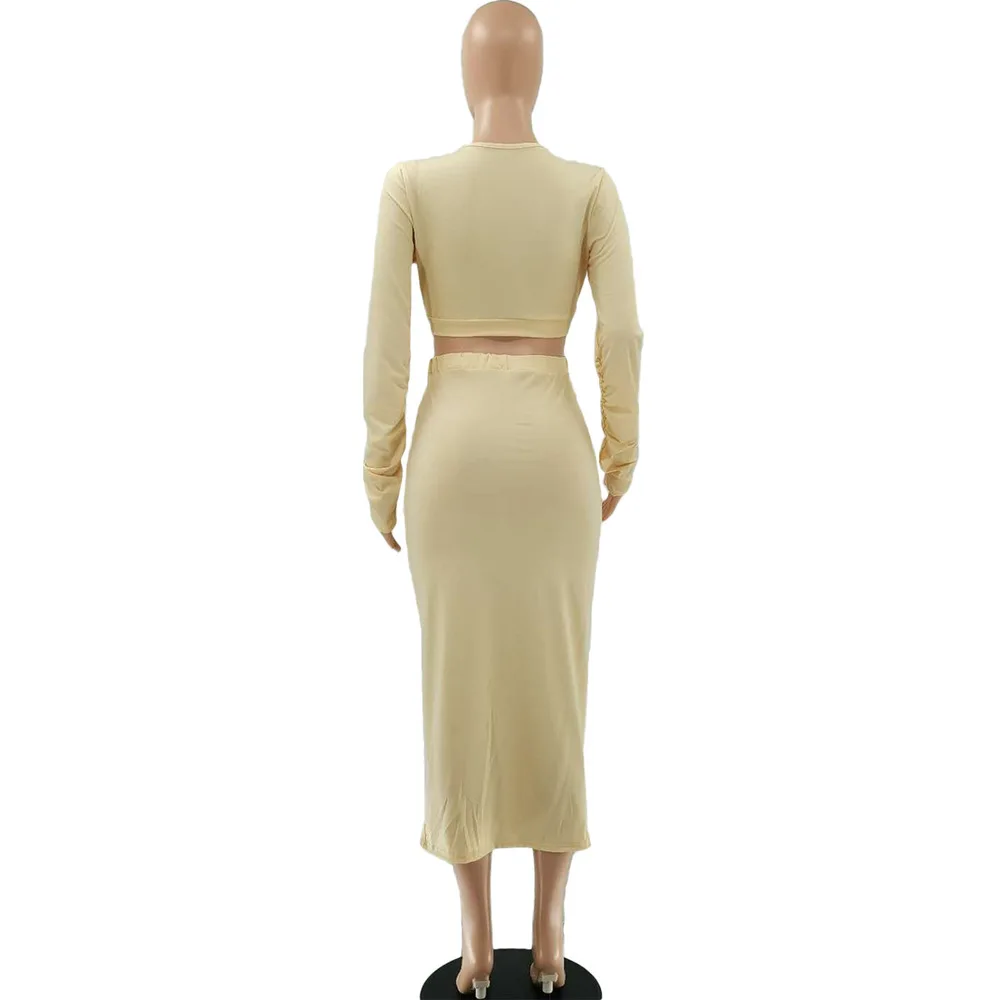 

Solid Ruched Fitness Two Piece Club Outfits Women Fashion V Neck Long Sleeve Crop Top and High Waist Bandage Skirt Matching Set