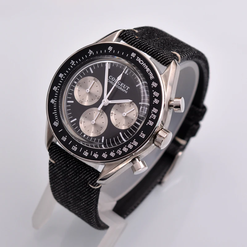 40 мм Corgeut кварцевые мужские часы хронограф ручной полированный чехол с кожаным