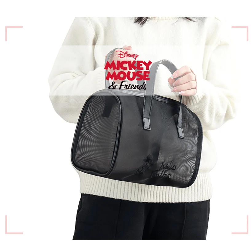 Disney Net Yarn Transparent Bag Large Capacity Handbag Mickey Cosmetic Black Bag Portable Travel Storage Toilet Bag