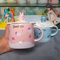 strawberry ceramic mugs with lids and spoons rabbit cute cartoon cups small fresh art student female korean version drinkware