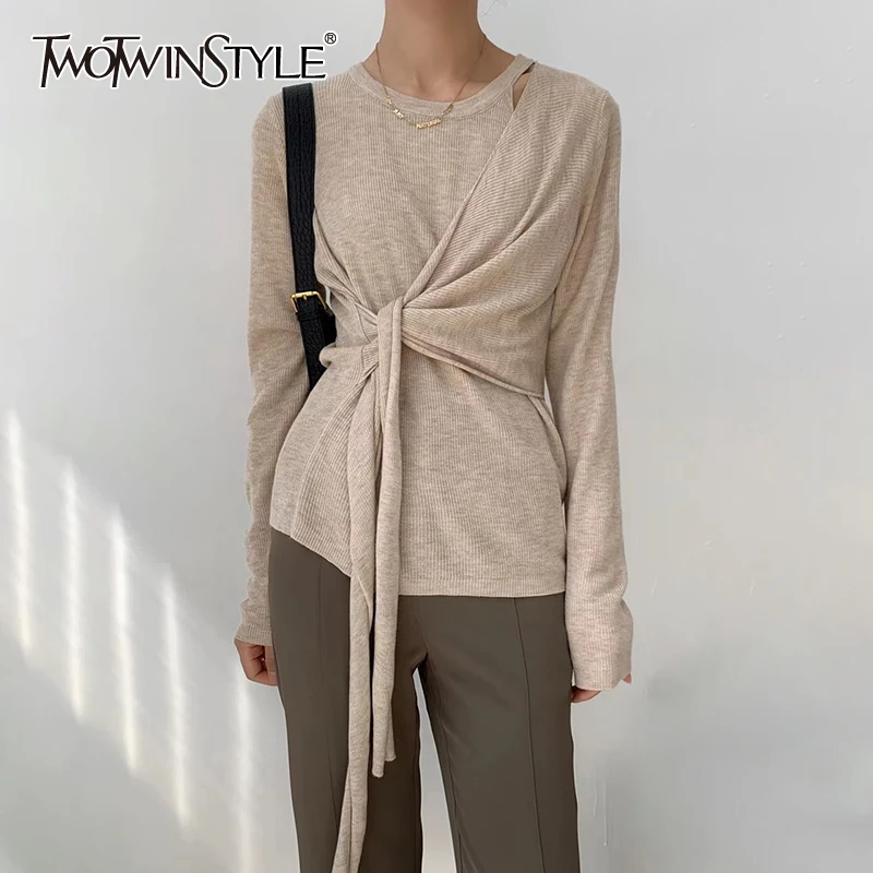 

TWOTWINSTYLE Casual Patchwork Solid T Shirt For Woman Round Neck Long Sleeve Cut Out Sheer Top Women 2021 Autumn Fashion New