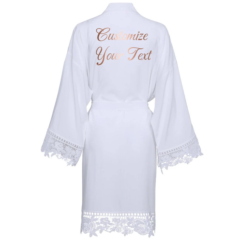 

Personalized Custom Text Solid Cotton Kimono Bridesmaid Robes w/ Lace Trim Women Wedding Bridal Robe Short Bathrobe Sleepwear