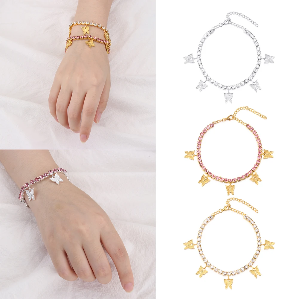 Новые блестящие кубинские звенья браслет с бабочкой Золотые кристаллы подвески