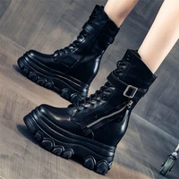 motorcycle platform boots women genuine leather ankle boots strap buckle zip chunky increasing height high heels 34 35 36 39