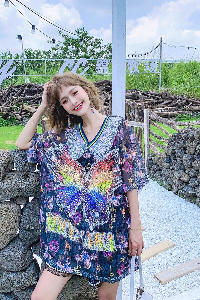 

Women Summer Printed Beaded See Through Cartoon Top Lace Wide Leg High Waist Loose Shorts Women's Two Pieces Shorts Set