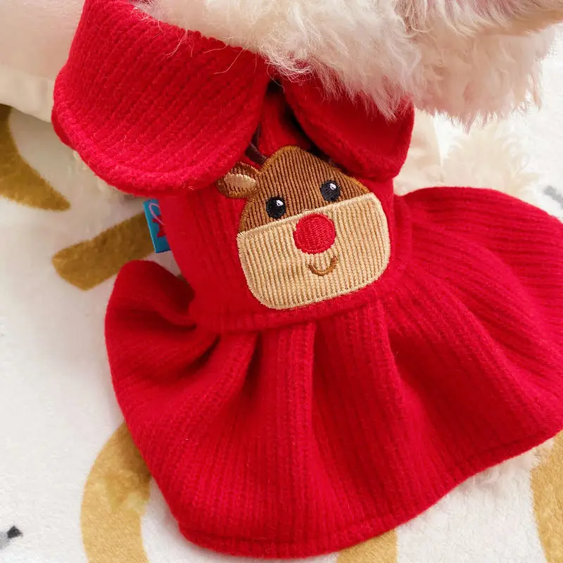 

【2021Hot]Christmas elk dress pet clothes dog clothes woolen princess lady cute one-piece dress two-legged shirt puppy clothes