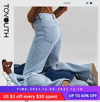 toyouth women jeans 2021 autumn high waist comfortable wide leg checkered jacquard design vintage casual denim long pants