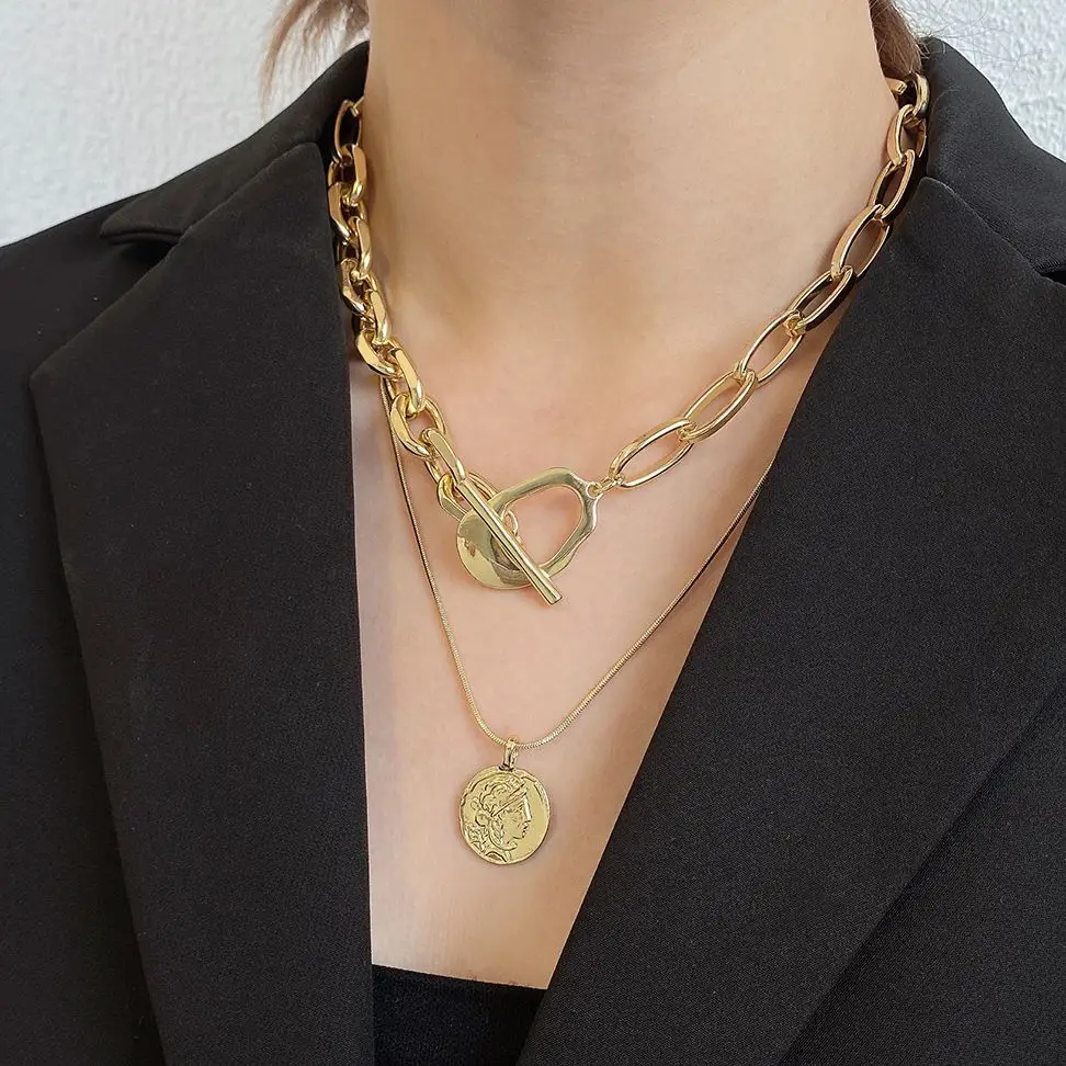 

Flashbuy Vinatge Chunky Gold Chain Choker Necklace Unisex New Simple Retro 2 PC Heavy Metal Coin Pendant Collares Women Jewellry
