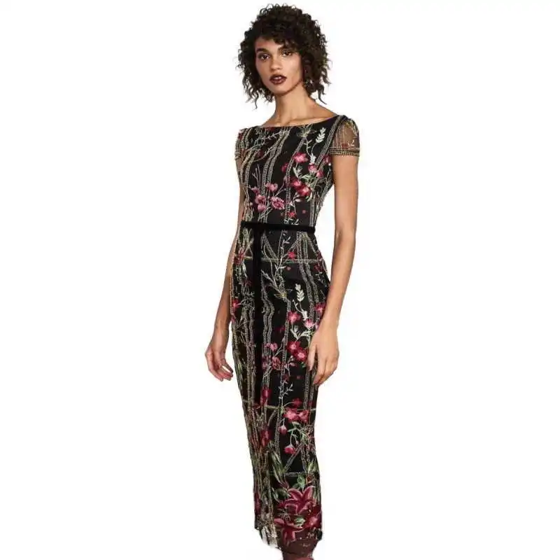 

high women's Europe quality floral embroidered mesh dress 2021 Summer runways elegant black dress B671