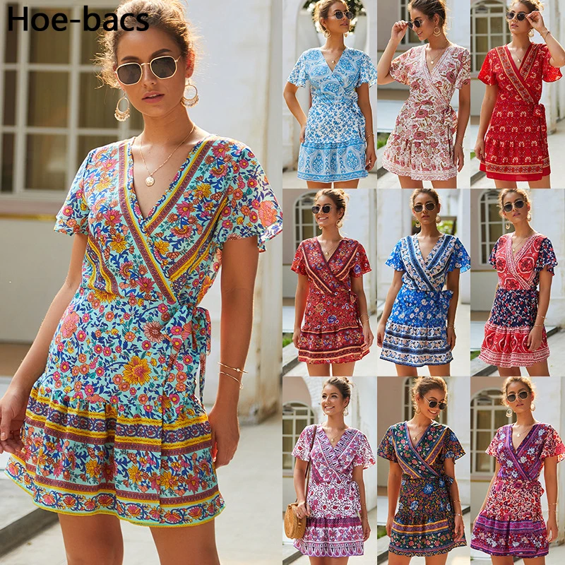 

Summer Beach Mini Dress Women Floral Print Boho Dress Ruffles Wrap Casual V-Neck Split Sexy Party Dress Robe Femme 2021
