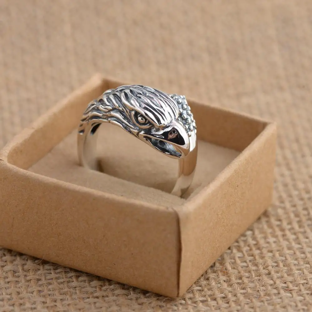 

2020 Punk Eagle Rings for Men Real S925 Silver Adjustable Rings Vintage Eagle head Open Ring Cool Jewelry Gifts Free Shipping