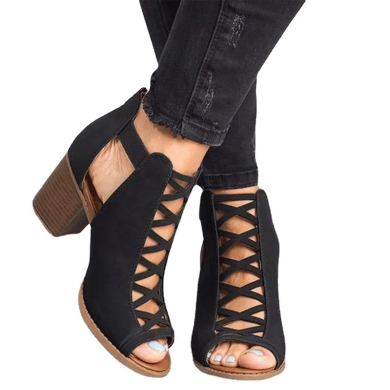 

2021 Ladies Square Heel Sandals Open Toe Hollow Suede Solid Gladiator Sandals Zipper Bag Root Black Spring and Summer Shoes