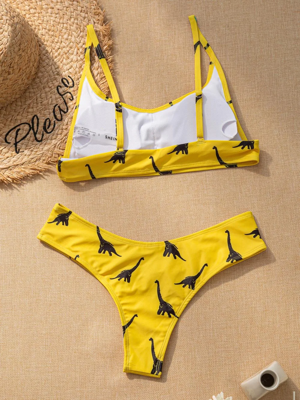 

2021 Sexy Yellow Dinosaur Print Swimsuit Women bathers Bandeau Bikinis Woman Push up Swimwear Sport Swimming bathing suit Lovely