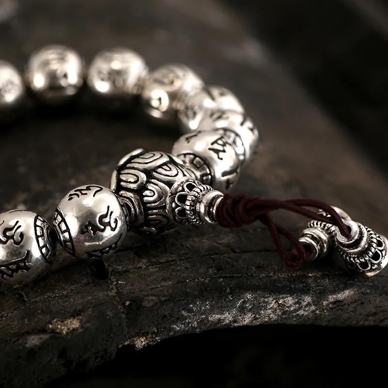Браслет буддистский с круглыми бусинами Solid S990 серебристый резной тибетской