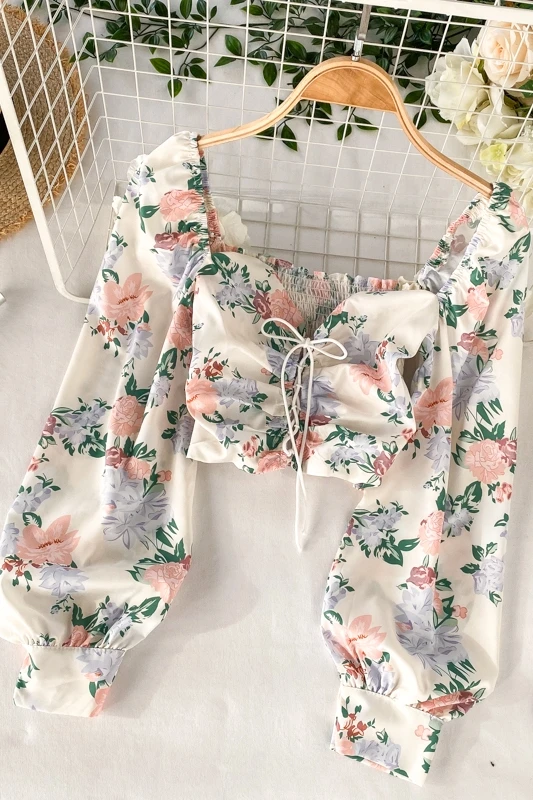 

women long sleeve shirts 2020 spring autumn clothes vintage print sweet Square Collar Puff Sleeve short womens tops and blouses