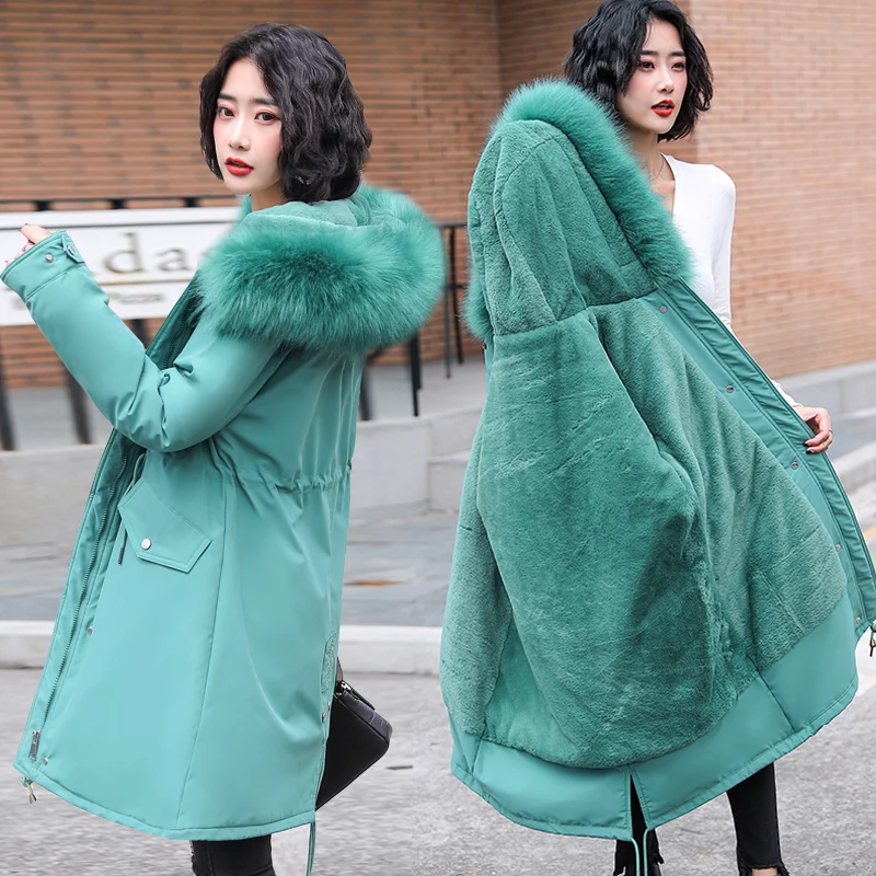 

The New Women Winter Down Padded Jacket Loose plus Velvet padded Coat Mid-length Overcoat Big chin Deautiful Woman Parkas A113
