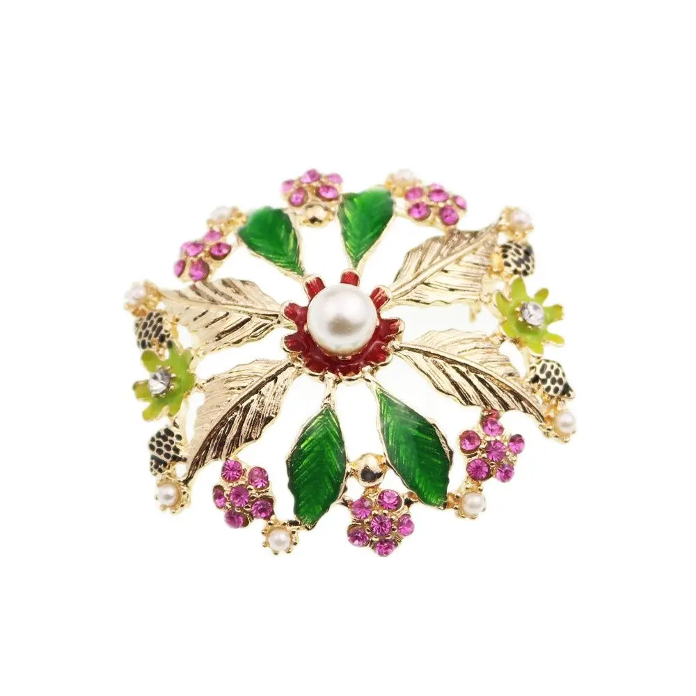 

Fashion Trendy Leaf Simulated Pearl Rhinestone Round Big Flower Brooch Pin Gold Tone Floral Jewelry For Gift