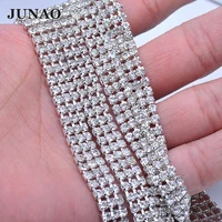 junao 1yard 3 row ss12 silver clear glass rhinestone chain trim crystal strass banding sewing metal cup chain for crafts