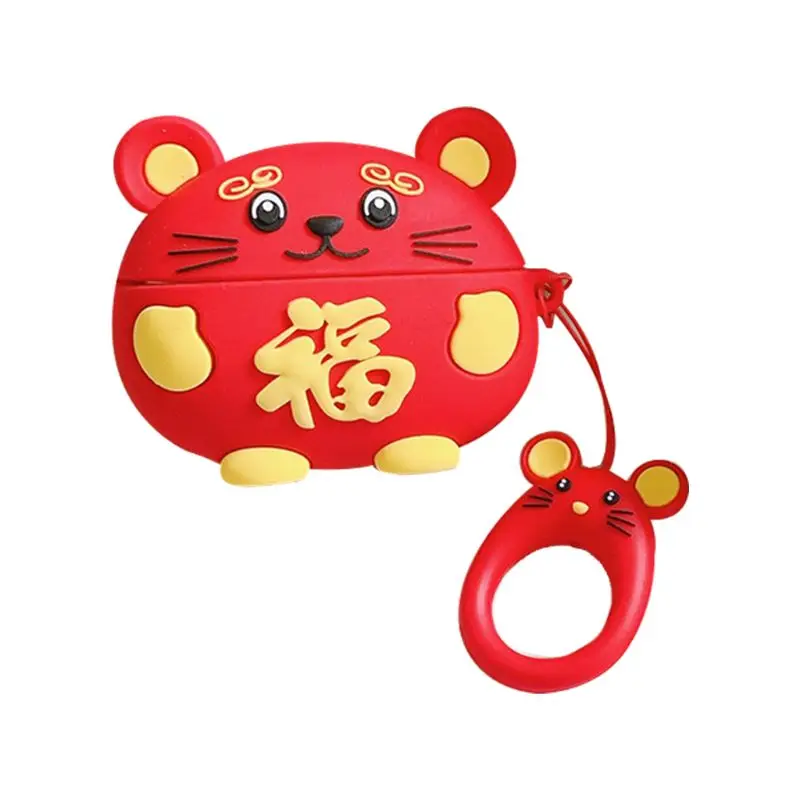 

Silicone Wireless Earphone Case Lovely New Year Mouse Protective Cover Shell with Lanyard for Airpods Pro Headset Charging Box