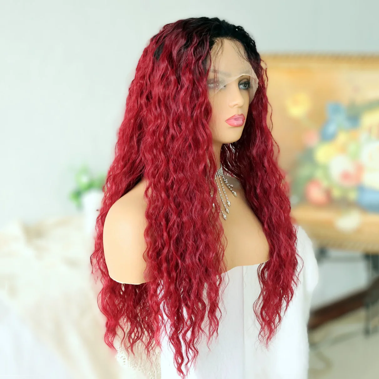 Red Curly Lace Front Wigs for Black Women Ombre Wine Red Synthetic Wigs Long Loose Curly Wigs 24 Inch Heat Resistant Fiber Wigs